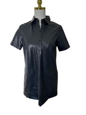 NWT Max Studio Black Faux Leather Shirt Dress XS Short Sleeve Button Mini Vegan